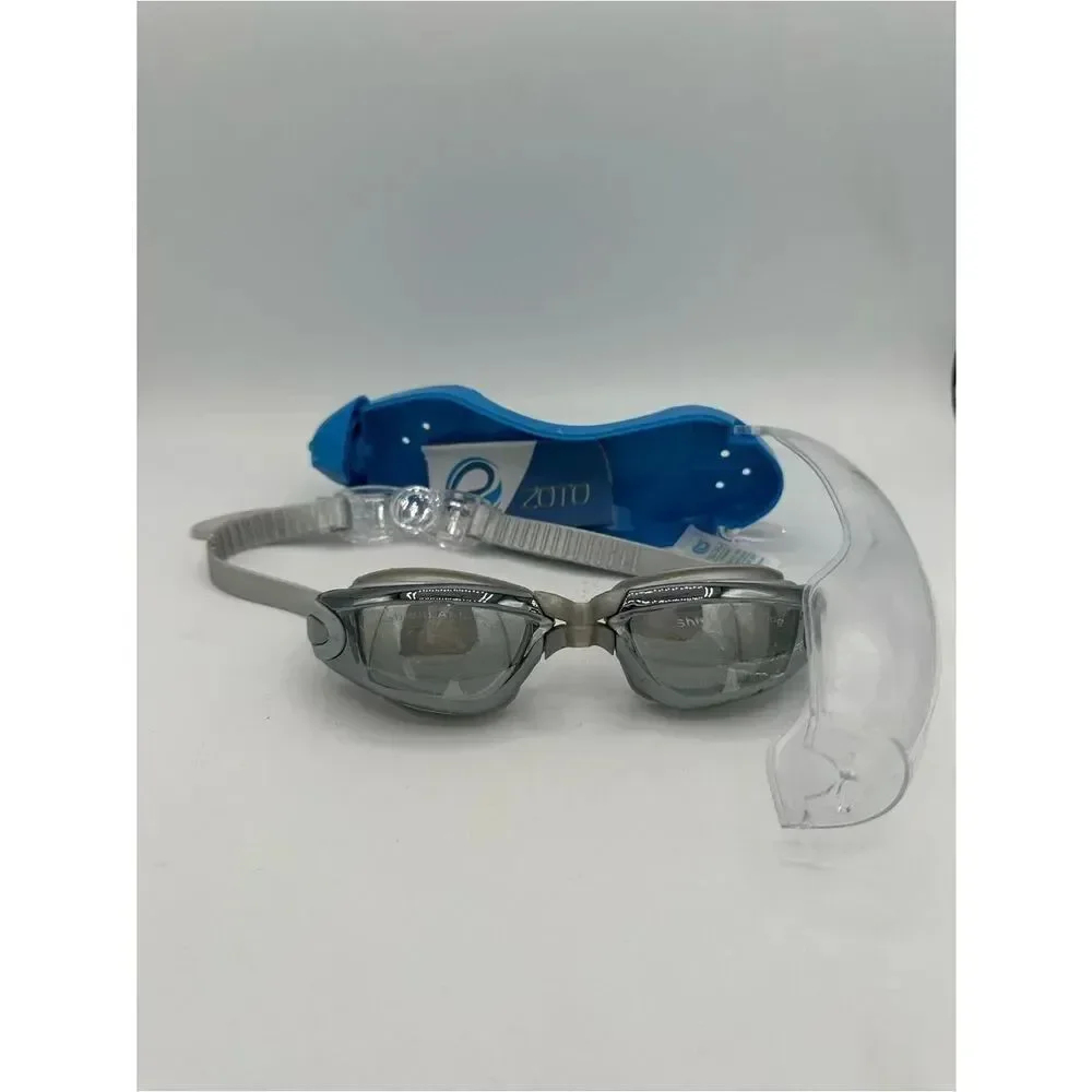 Zoto Gray anti fog Swim Goggles with Protective Case UV shield NEW